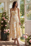Halter Yellow Floral A Line Bowed Wedding Guest Dress