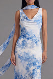 Floral Blue Cowl Neck Maxi Wedding Guest Dress