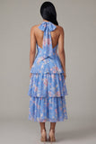 Halter Tiered Floral Blue Midi Wedding Guest Dress