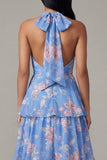 Halter Tiered Floral Blue Midi Wedding Guest Dress