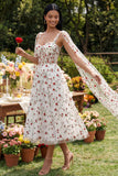 Ivory Floral Corset A Line Wedding Guest Dress with Streamer