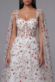 Ivory Floral Corset A Line Wedding Guest Dress with Streamer