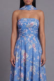 Strapless Blue Floral Ruched A Line Wedding Guest Dress