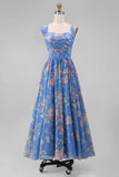 Floral Cap Sleeve Blue Pleated A Line Wedding Guest Dress