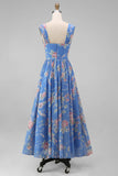 Floral Cap Sleeve Blue Pleated A Line Wedding Guest Dress
