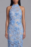 Halter Blue Appliqued Bodycon Wedding Guest Dress