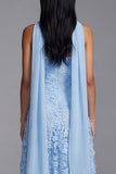 Strapless Blue Appliqued A Line Wedding Guest Dress