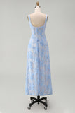 Blue Floral A Line Midi Wedding Guest Dress