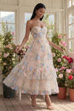 Strapless A Line Floral Champagne Ruffled Wedding Guest Dress