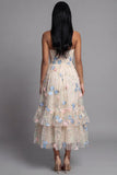 Strapless A Line Floral Champagne Ruffled Wedding Guest Dress