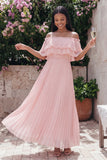 Off the Shoulder Pleated A Line Pink Wedding Guest Dress