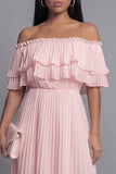 Off the Shoulder Pleated A Line Pink Wedding Guest Dress