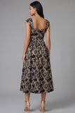Black Printed A Line Midi Wedding Guest Dress
