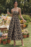 Strapless Gold Floral Brocade A Line Midi Wedding Guest Dress