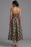 Strapless Gold Floral Brocade A Line Midi Wedding Guest Dress