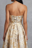 Strapless Gold Floral Brocade A Line Midi Wedding Guest Dress