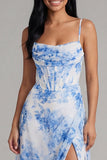 Floral Blue Corset A Line Ruched Wedding Guest Dress