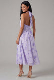 Halter Pleated Floral A Line Lilac Wedding Guest Dress