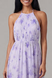 Halter Pleated Floral A Line Lilac Wedding Guest Dress