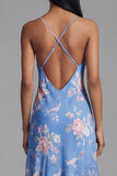 Blue Floral Ruffled A Line Midi Wedding Guest Dress