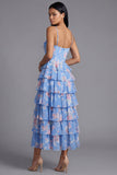 Tiered Corset Blue Floral Wedding Guest Dress with Slit