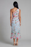 One Shoulder Blue Floral Mermaid Midi Wedding Guest Dress