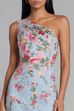 One Shoulder Blue Floral Mermaid Midi Wedding Guest Dress