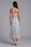 Strapless Mermaid Blue Floral Midi Wedding Guest Dress