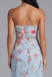 Strapless Mermaid Blue Floral Midi Wedding Guest Dress