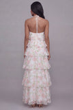 Tiered Halter Floral Pink Maxi Wedding Guest Dress
