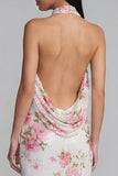 Halter Pink Floral Mermaid Maxi Wedding Guest Dress