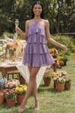 Halter Pink Tiered Floral Mini Wedding Guest Dress