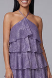 Halter Pink Tiered Floral Mini Wedding Guest Dress