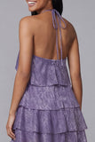 Halter Pink Tiered Floral Mini Wedding Guest Dress