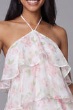 Halter Pink Tiered Floral Mini Wedding Guest Dress