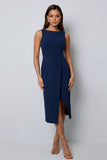 Dark Green Bateau Neck Midi Work Dress with Slit