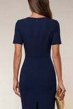 Navy Bodycon Short Sleeve Midi Work Dress