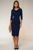 Cowl Neck Bodycon Navy Work Dress with 3/4 Sleeves