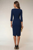 Cowl Neck Bodycon Navy Work Dress with 3/4 Sleeves