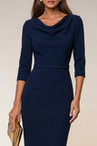 Cowl Neck Bodycon Navy Work Dress with 3/4 Sleeves