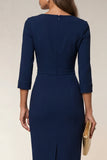 Cowl Neck Bodycon Navy Work Dress with 3/4 Sleeves