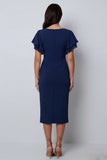 Ruffled Navy V Neck Midi Work Dress with Short Sleeves