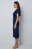 Ruffled Navy V Neck Midi Work Dress with Short Sleeves