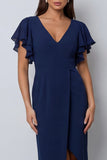 Ruffled Navy V Neck Midi Work Dress with Short Sleeves