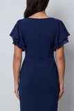 Ruffled Navy V Neck Midi Work Dress with Short Sleeves