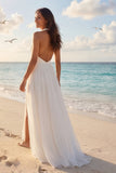 Ivory A Line Pleated Halter Wedding Dress with Slit
