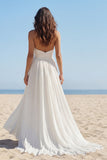 Halter Ivory A Line Pleated Maxi Wedding Dress with Slit