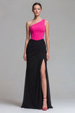 One Shoulder Corset Fuchsia and Black Maxi Formal Dress
