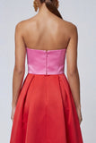 Pink and Red Strapless Ruffled A Line Formal Dress