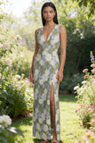 Floral Green Sheath V Neck Wedding Guest Dress